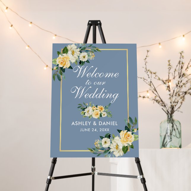 Watercolor Yellow Floral Dusty Blue Wedding Foam Board (In Situ (Stand))