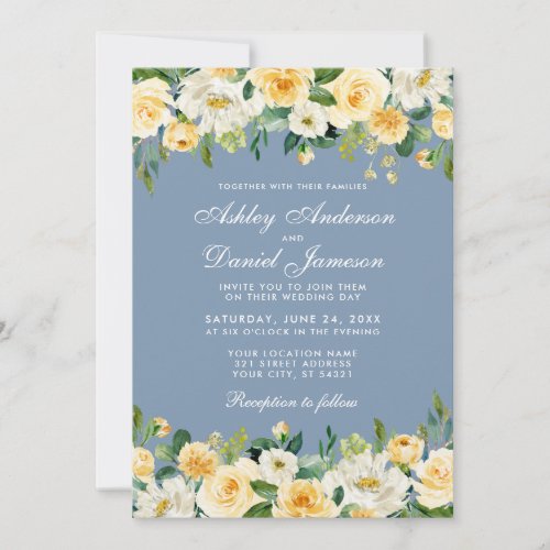 Watercolor Yellow Floral Dusty Blue Wedding Invitation