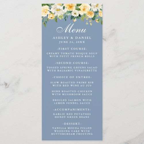 Watercolor Yellow Floral Dusty Blue Wedding Menu