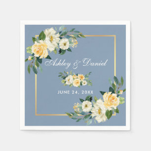 Watercolor Yellow Floral Dusty Blue Wedding Napkins