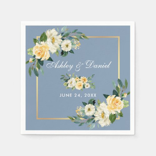 Watercolor Yellow Floral Dusty Blue Wedding Napkins