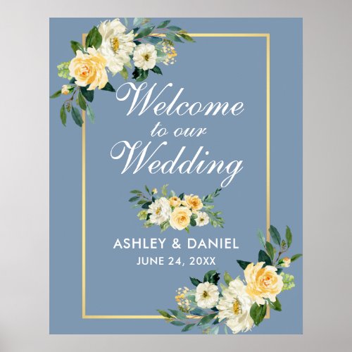 Watercolor Yellow Floral Dusty Blue Wedding Poster