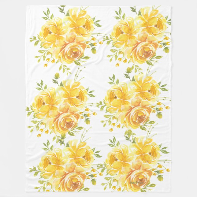 Watercolor Yellow Floral Fleece Blanket  (Front)