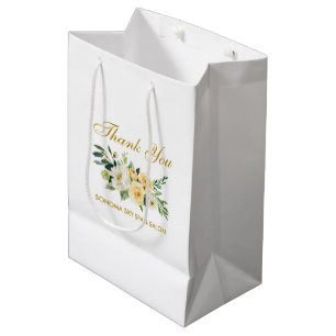 Watercolor Yellow Floral Gold Elegant Thank You Medium Gift Bag
