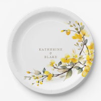 Watercolor Yellow Floral Gold Text Names Wedding Paper Plates