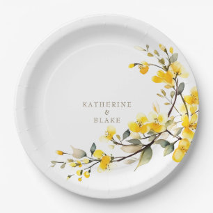 Watercolor Yellow Floral Gold Text Names Wedding Paper Plates