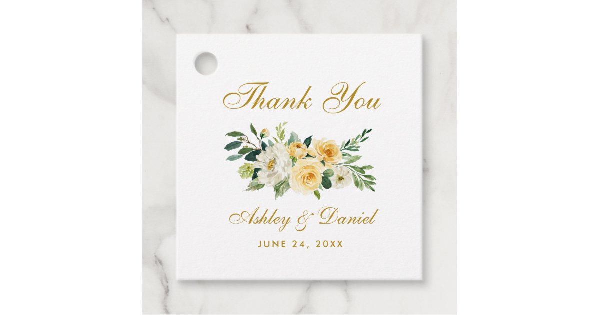 Watercolor Yellow Floral Gold Wedding Thank You Favor Tags | Zazzle