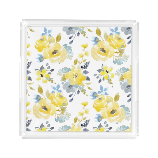 Watercolor Yellow Floral Pattern Acrylic Tray (Front)