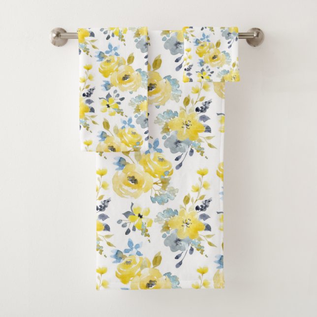 Watercolor Yellow Floral Pattern Bath Towel Set (Insitu)