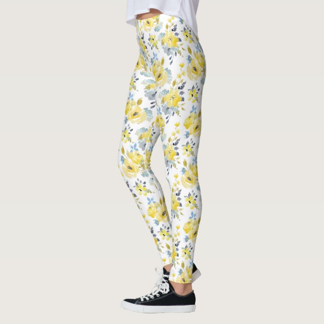 Watercolor Yellow Floral Pattern Leggings (Left)
