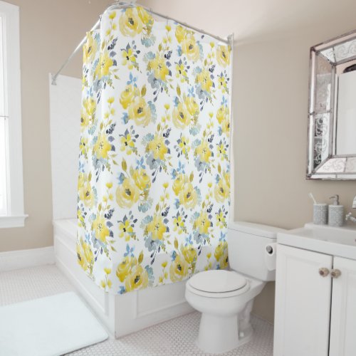 Watercolor Yellow Floral Pattern Shower Curtain