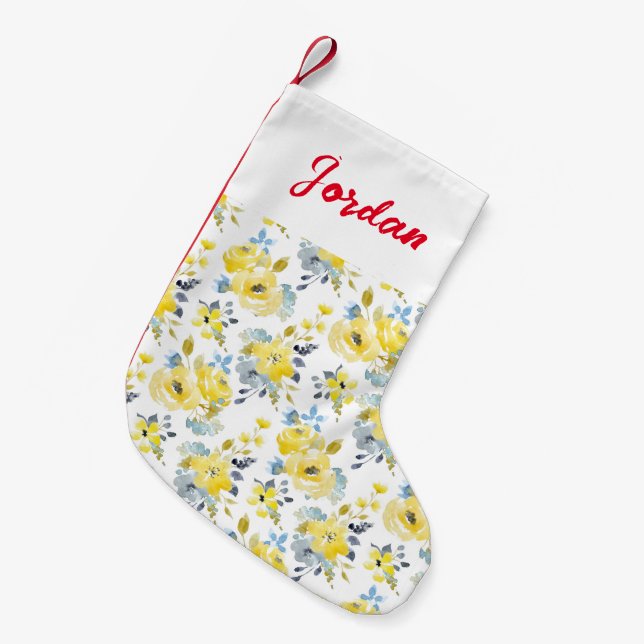Watercolor Yellow Floral Pattern Small Christmas Stocking (Front (Hanging))