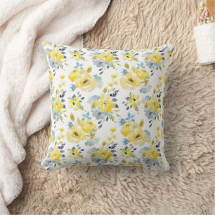 Watercolor Yellow Floral Pattern Throw Pillow