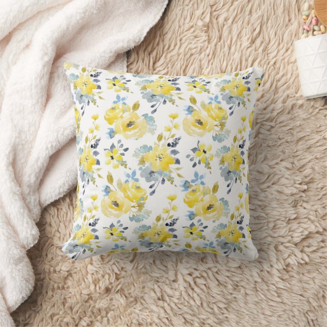 Watercolor Yellow Floral Pattern Throw Pillow (Blanket)