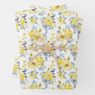 Watercolor Yellow Floral Pattern Wrapping Paper Sheets