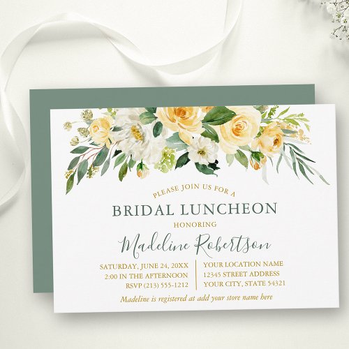 Watercolor Yellow Floral Sage Gold Bridal Lunch Invitation