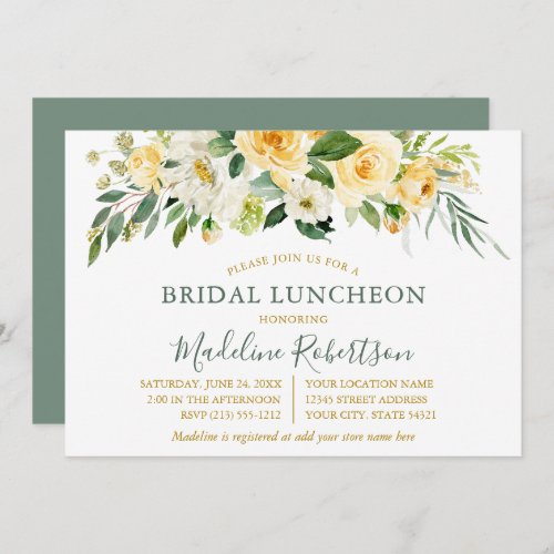 Watercolor Yellow Floral Sage Gold Bridal Lunch Invitation