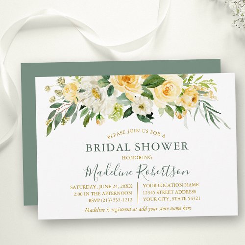 Watercolor Yellow Floral Sage Gold Bridal Shower Invitation