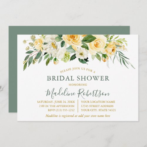 Watercolor Yellow Floral Sage Gold Bridal Shower Invitation