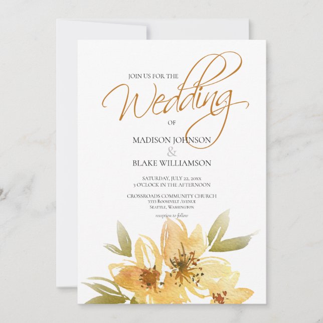 Watercolor Yellow Floral Typography Wedding Invitation (Front)