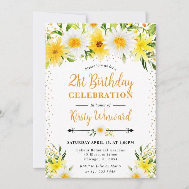 Watercolor Yellow Flowers & Daisies 21st birthday Invitation (Front)