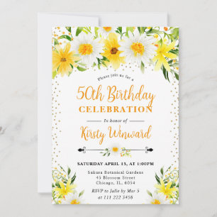 Watercolor Yellow Flowers & Daisies 50th birthday Invitation