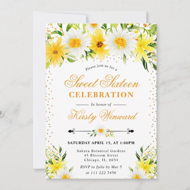 Watercolor Yellow Flowers & Daisies Photo Sweet 16 Invitation (Front)