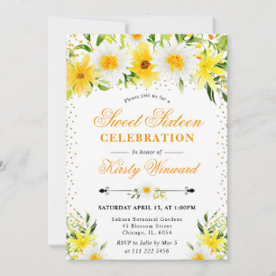 Watercolor Yellow Flowers & Daisies Sweet 16 Invitation