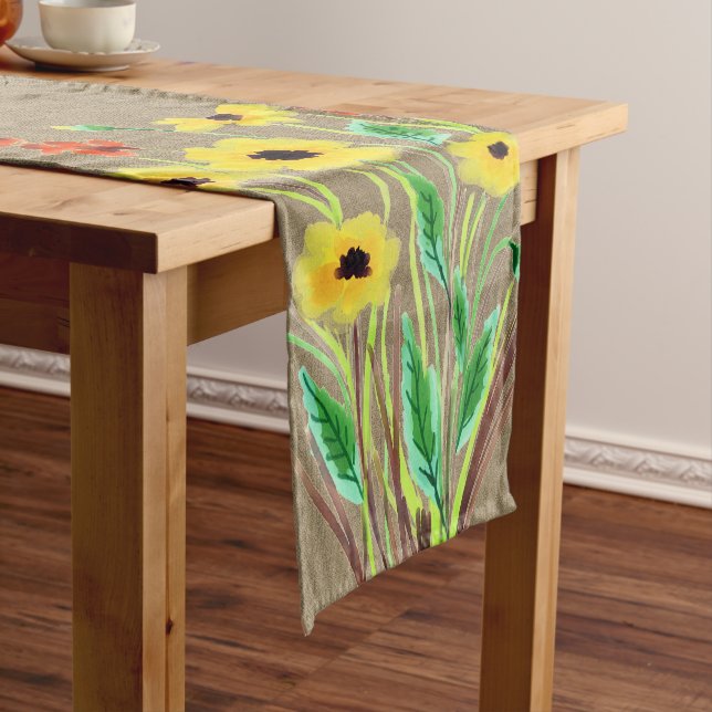 Watercolor Yellow Flowers on Burlap  Short Table Runner (In Situ)