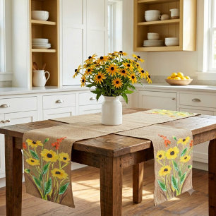 Watercolor Yellow Flowers on Burlap  Short Table Runner