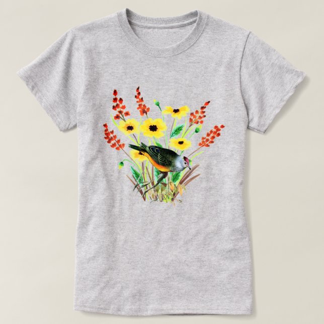 Watercolor Yellow  Flowers with Bird Gray T-Shirt (Design Front)
