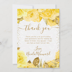 Watercolor Yellow Glam Roses Flowers Sweet 16 Thank You Card