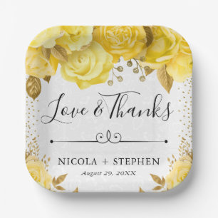 Watercolor Yellow Glam Roses Wedding Paper Plates