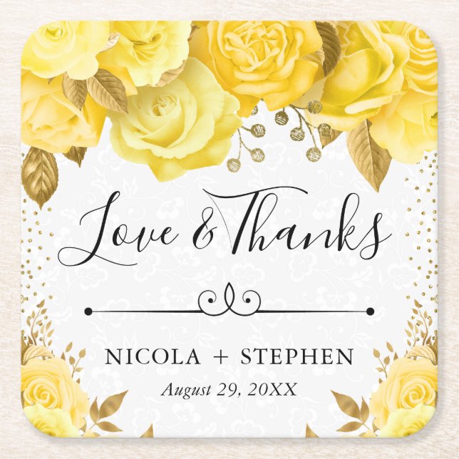 Watercolor Yellow Glam Roses Wedding Square Paper Coaster (Front)