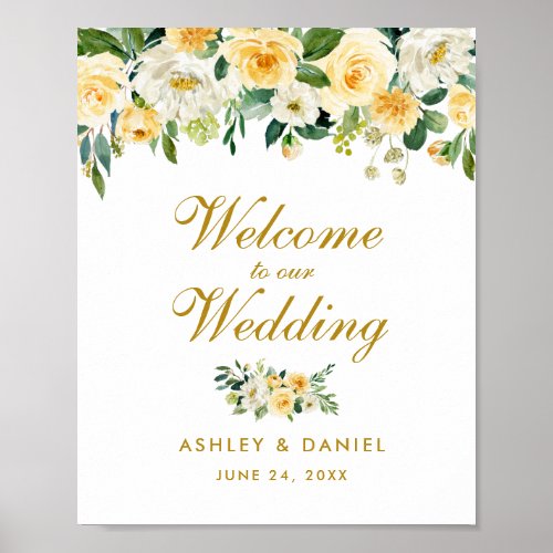 Watercolor Yellow Gold Floral Wedding Welcome Poster