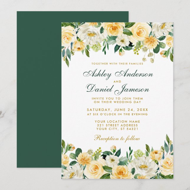 Watercolor Yellow Gold Green Wedding Elegant Invitation (Front/Back)