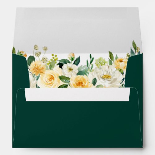 Watercolor Yellow Gold Hunter Green Floral Wedding Envelope