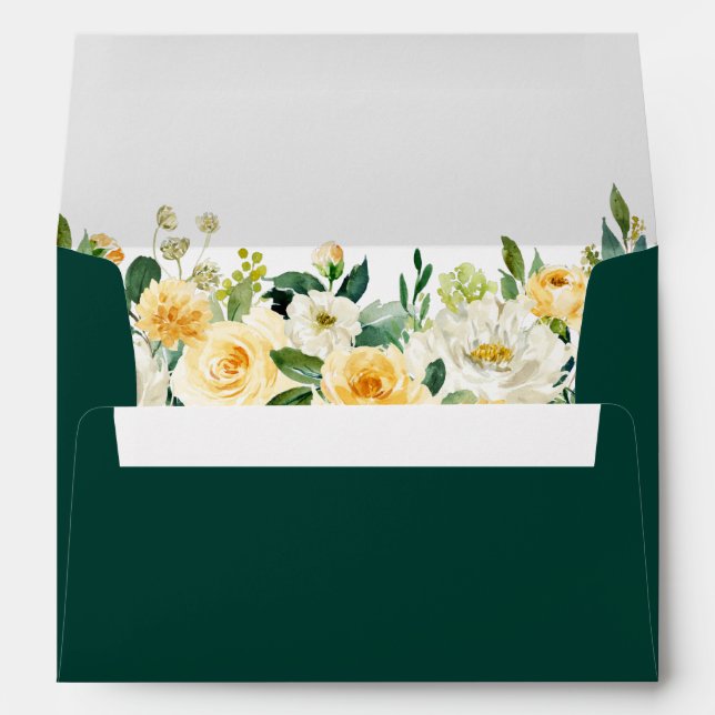Watercolor Yellow Gold Hunter Green Floral Wedding Envelope (Back (Bottom))