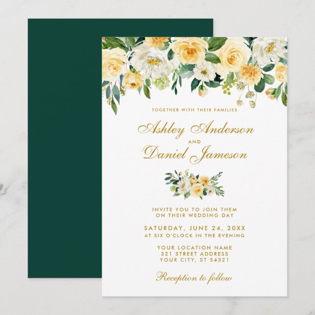Watercolor Yellow Gold Hunter Green Wedding Invitation (Front/Back)