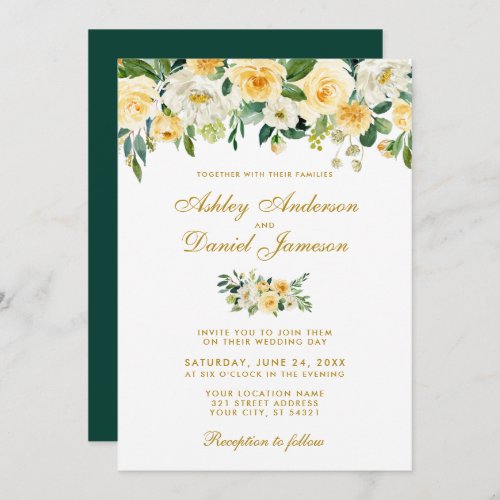 Watercolor Yellow Gold Hunter Green Wedding Invitation