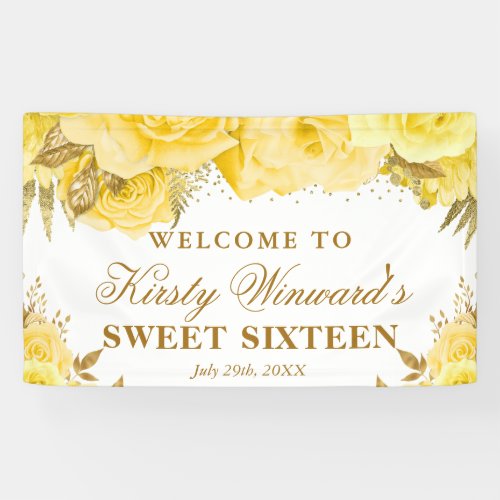Watercolor Yellow Gold Roses Sweet Sixteen Welcome Banner