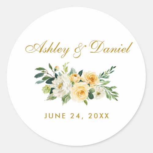 Watercolor Yellow Gold White Floral Wedding Classic Round Sticker