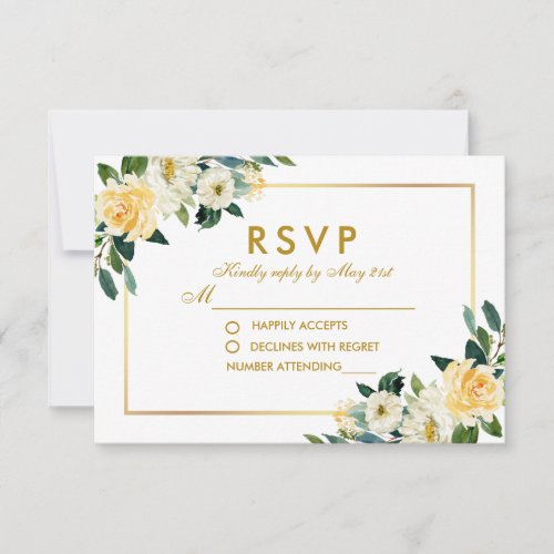 Watercolor Yellow Gold White Floral Wedding RSVP