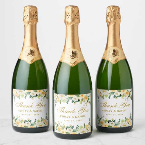 Watercolor Yellow Gold White Floral Wedding Sparkling Wine Label