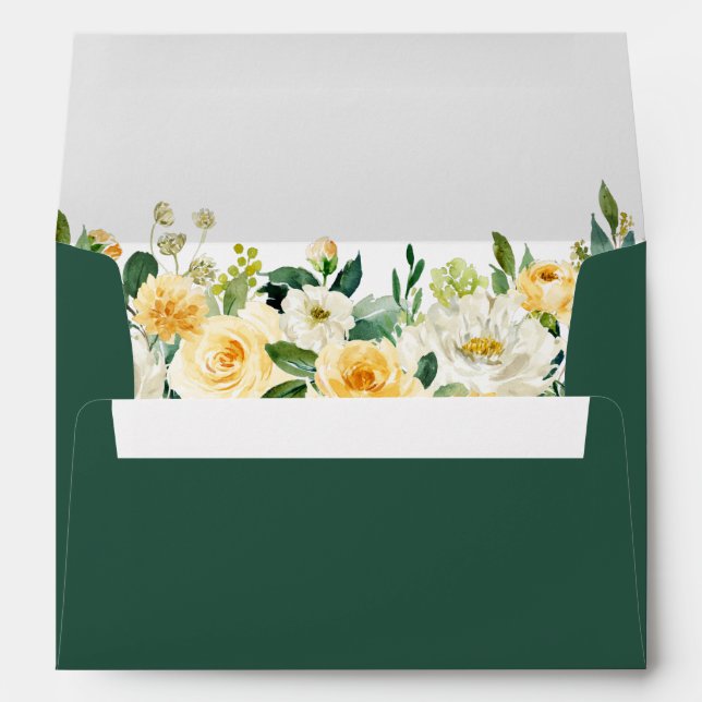 Watercolor Yellow Gold White Green Floral Wedding Envelope (Back (Bottom))
