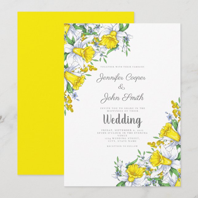 Watercolor Yellow Gray Floral Wedding  Invitation (Front/Back)