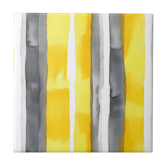 Watercolor Yellow Gray White Striped  Ceramic Tile (Front)
