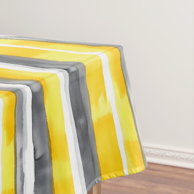 Watercolor Yellow Gray White Striped  Tablecloth (In Situ)