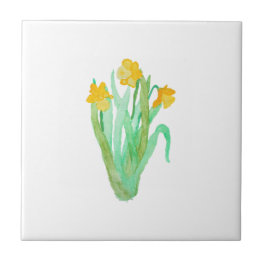 Watercolor yellow green hand painted daffodil ceramic tile