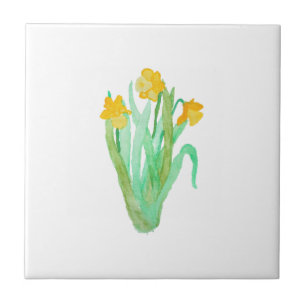 Watercolor yellow green hand painted daffodil ceramic tile